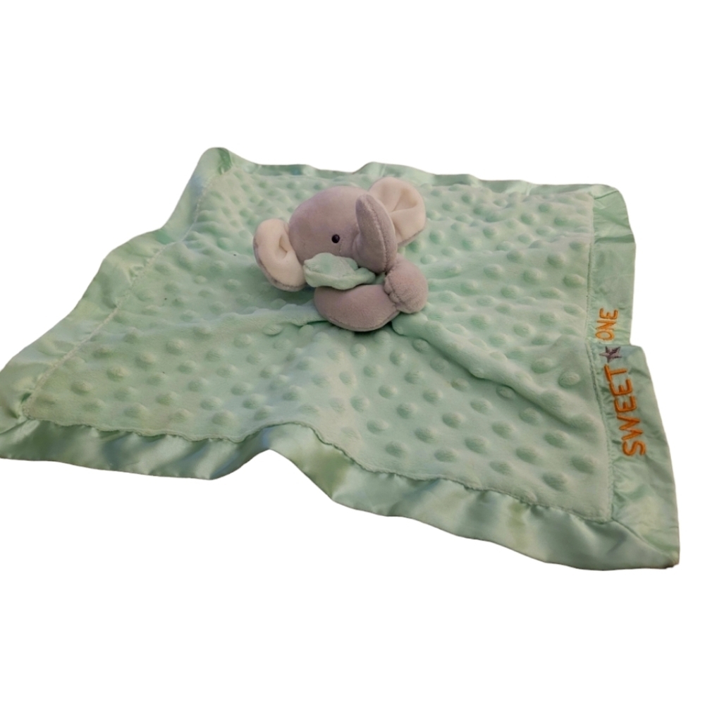 Child if Mine Elephant Lovey Security Blankie Aqua and Gray 15 x 15 Rattle